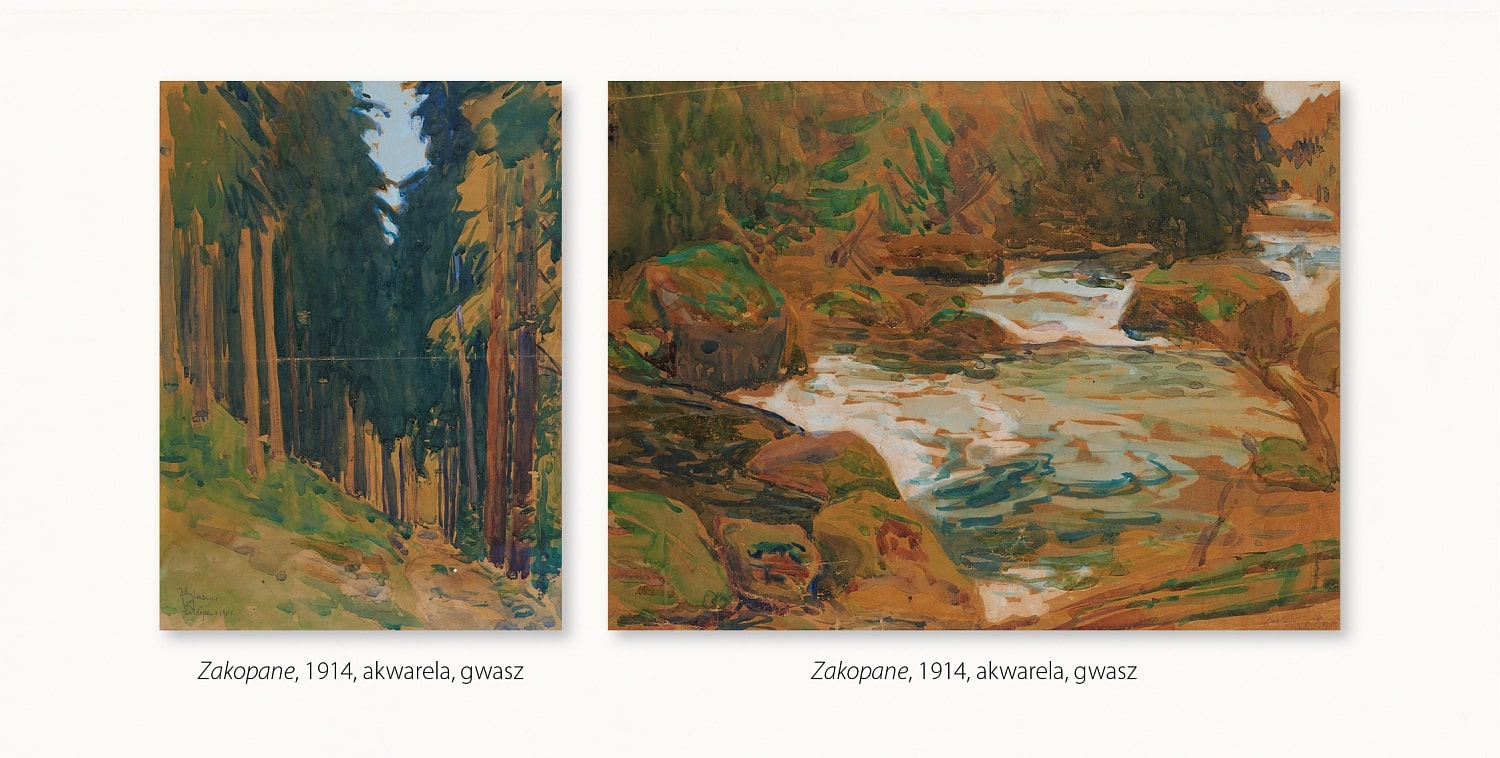 Zakopane, 1914 r., kompozycja wertykalna przedstawia zbocze górskie gęsto porośnięte drzewami. Do lasu wiedzie ścieżka wybiegająca z prawego dolnego rogu. Na horyzoncie drzewa zagęszczają się tworząc jedną, zieloną plamę. Tylko niewielki fragment obrazu artysta przeznaczył na ukazanie błękitu nieba. Zakopane, 1914 r., kompozycja horyzontalna, przedstawia górki potok płynący przez las. Brzegi potoku są kamieniste, omszałe. 